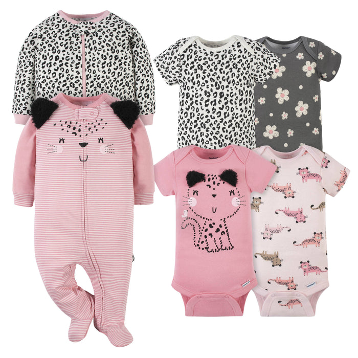 6-Piece Baby Girls Leopard Onesies® Bodysuit and Sleep 'N Play Set-Gerber Childrenswear