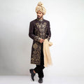 Antique Dull Gold and Charcoal Brocade Sherwani with intricate embroidery