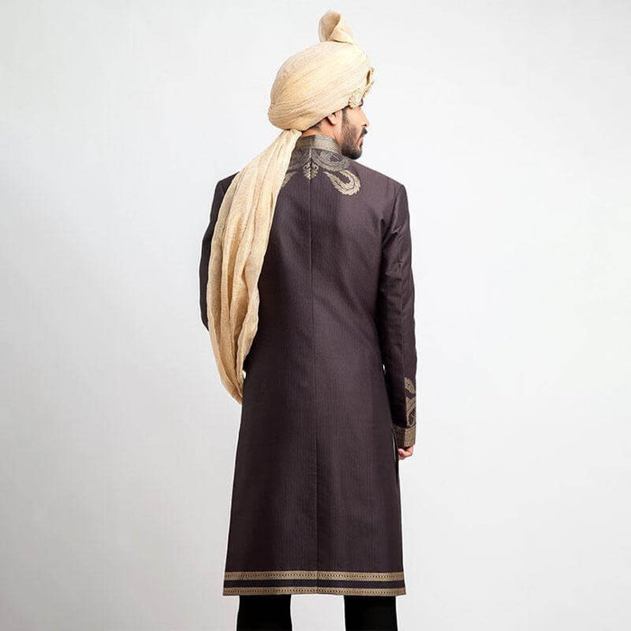 Antique Dull Gold and Charcoal Brocade Sherwani with intricate embroidery