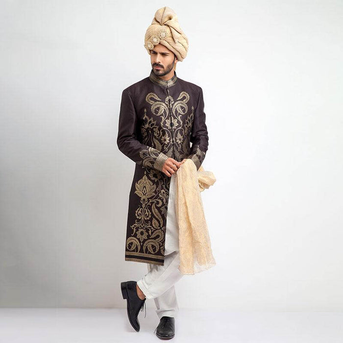Antique Dull Gold and Charcoal Brocade Sherwani with intricate embroidery