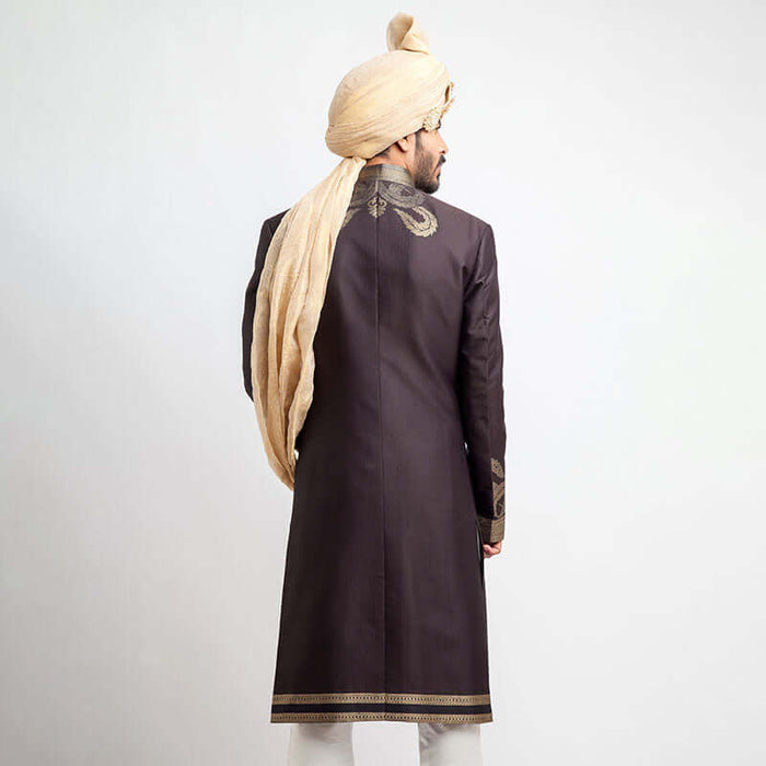 Antique Dull Gold and Charcoal Brocade Sherwani with intricate embroidery