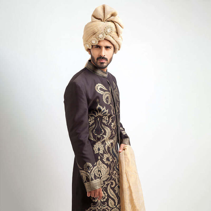 Antique Dull Gold and Charcoal Brocade Sherwani with intricate embroidery