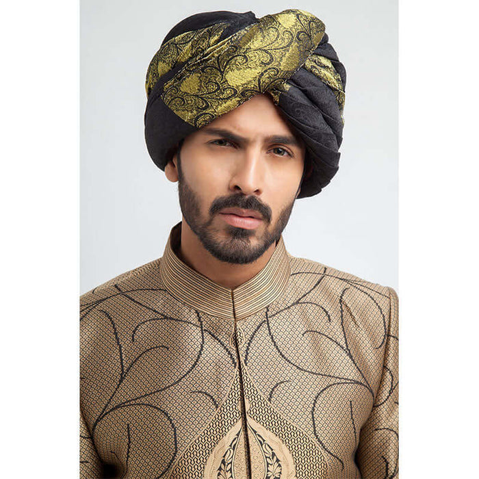 Antique gold and black brocade form-fitted sherwani with intricate embroidery, combining luxurious design and a modern tailored fit.