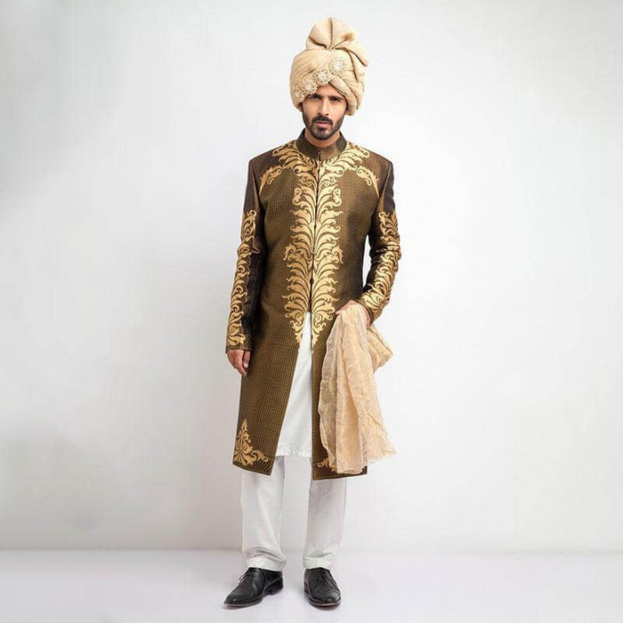Antique Gold and Black Brocade Sherwani for men with luxurious embroidery