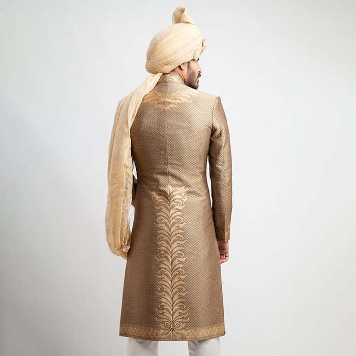 Antique Gold and Black Brocade Sherwani with intricate Zardozi embroidery