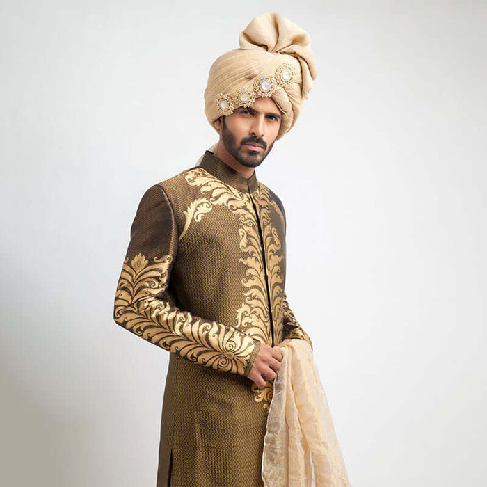 Antique Gold and Black Brocade Sherwani for men with luxurious embroidery