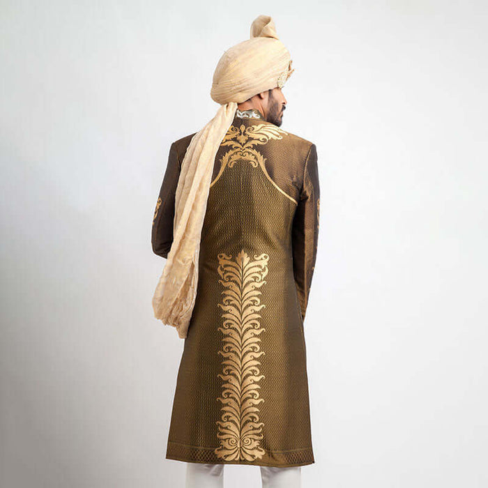 Antique Gold and Black Brocade Sherwani for men with luxurious embroidery