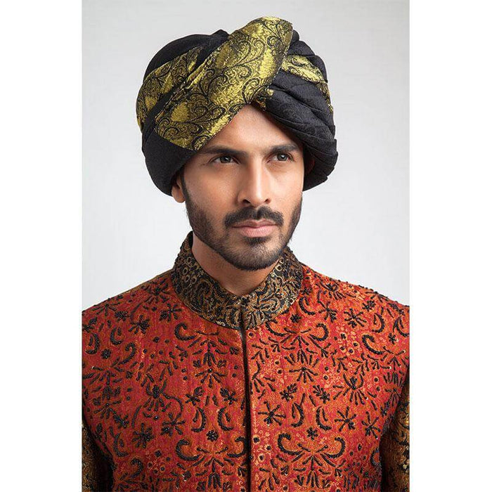 Antique Gold and Black Pure Brocade Jamavar Form Fitted Sherwani, luxurious design with intricate detailing