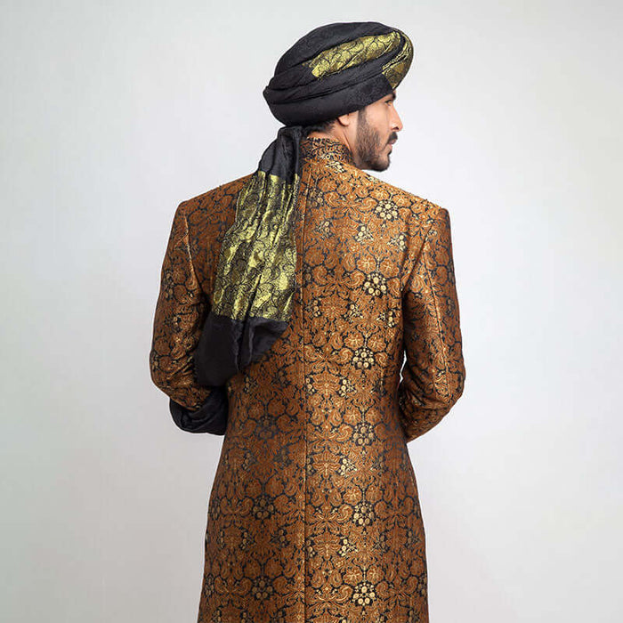 Antique Gold and Black Pure Brocade Jamavar Form Fitted Sherwani, luxurious design with intricate detailing
