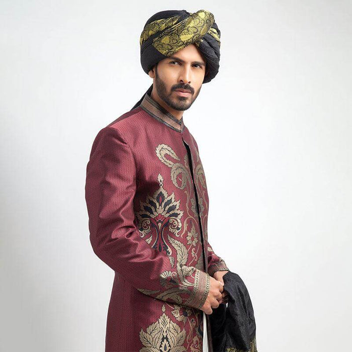 Antique Silver and Burgundy Brocade Sherwani with intricate embroidery details