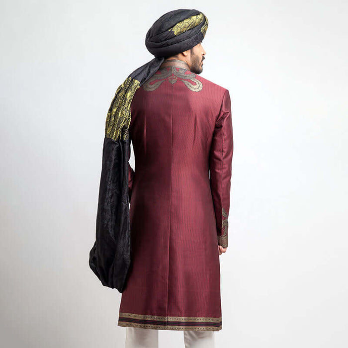 Antique Silver and Burgundy Brocade Sherwani with intricate embroidery details