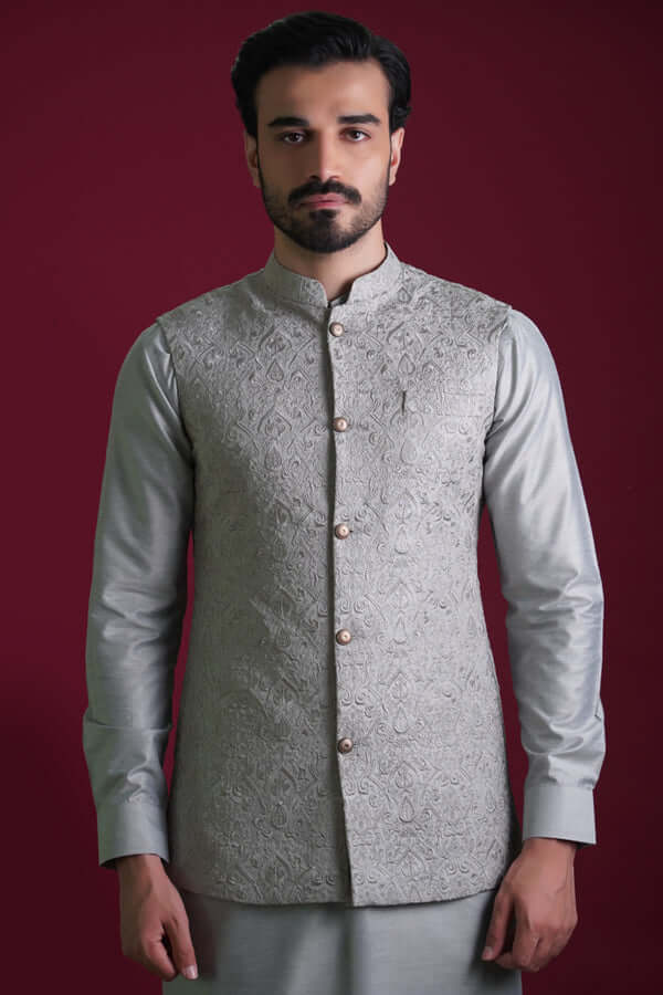 Ash Grey Kurta & Waistcoat Set