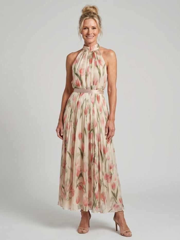 Aurelle – Women's Floral Halter Neck Midi Dress | Huna