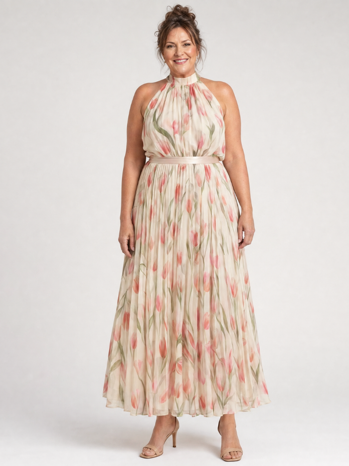 Aurelle – Women's Floral Halter Neck Midi Dress | Huna