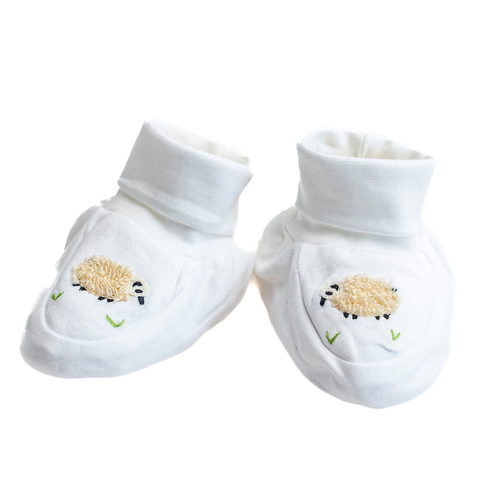 Baby Booties, Combed Cotton, Embroidered Pink Sheep