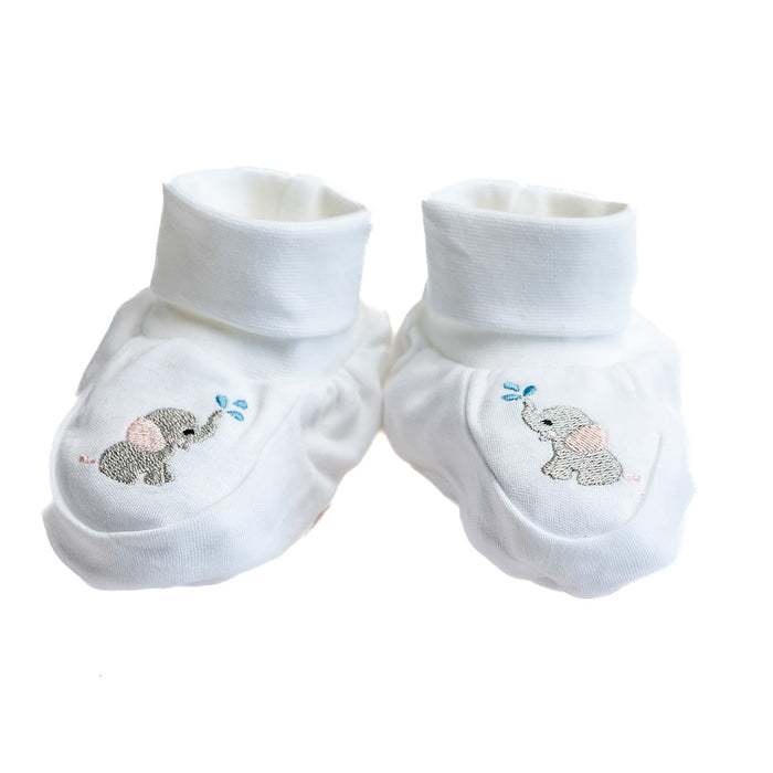 Baby Booties, Combed Cotton, Embroidered Splash Elephant