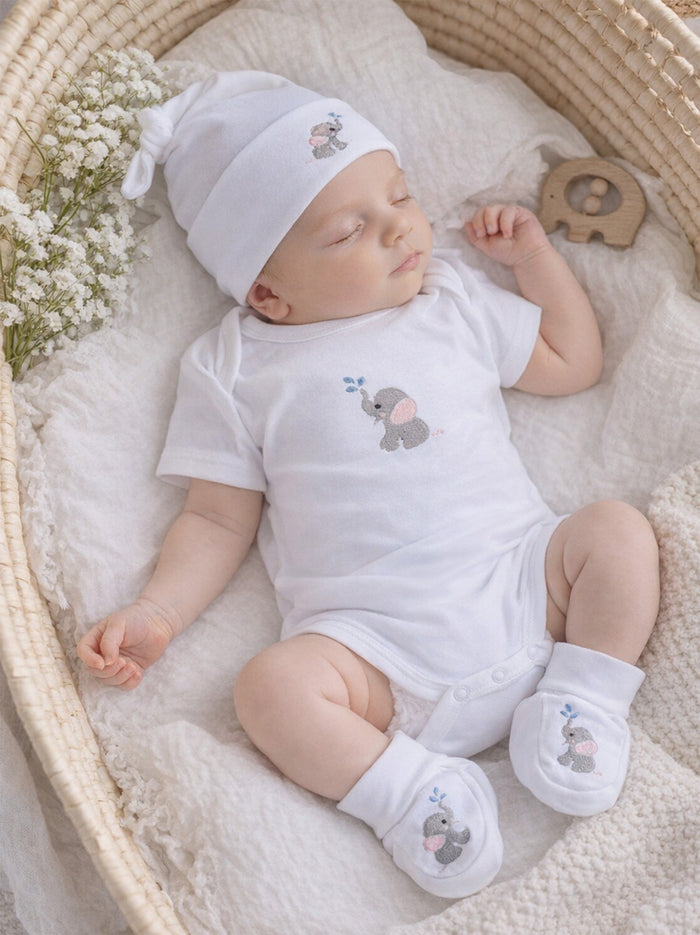 Baby Booties, Combed Cotton, Embroidered Splash Elephant