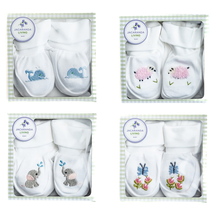 Baby Booties, Combed Cotton, Embroidered Splash Elephant