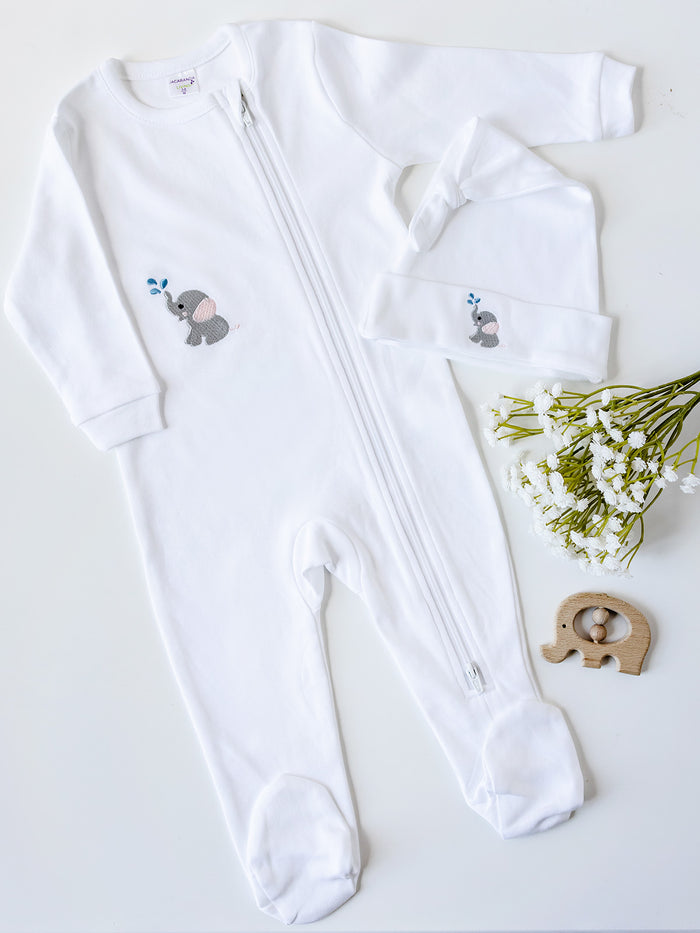 Baby Footie, Combed Cotton, Embroidered Splash Elephant