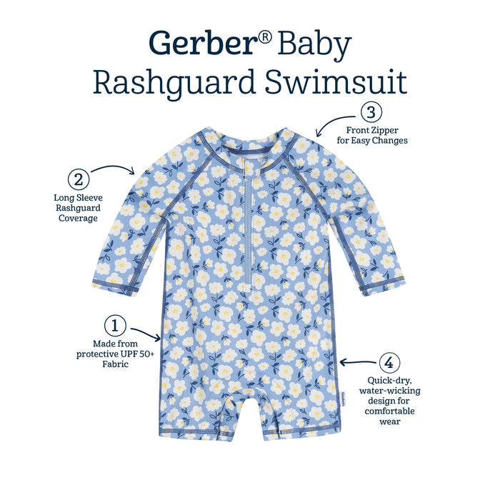 Baby Girls UPF 50+ Blue Daisies Long Sleeve Rash Guard swimwear Gerber®