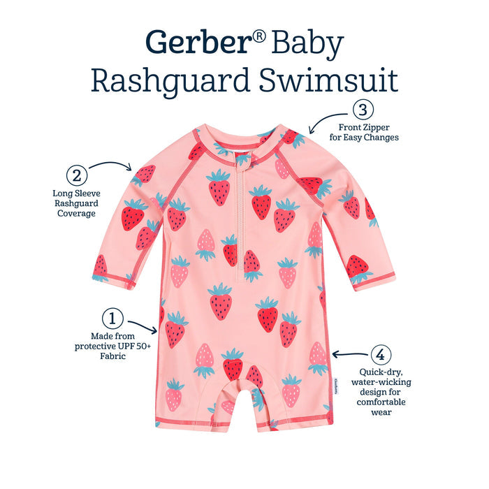 Baby Girls UPF 50+ Pink Strawberry Long Sleeve Rash Guard swimwear Gerber®
