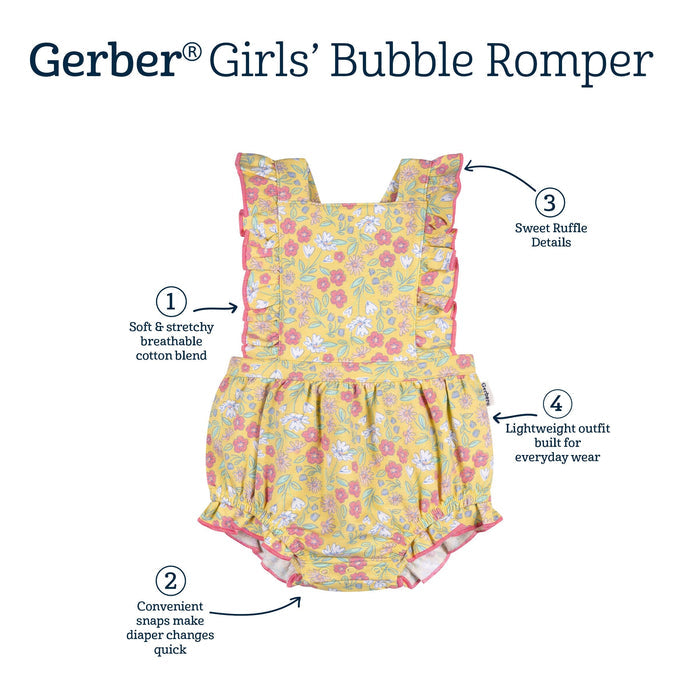 Baby Girls Yellow Floral Ruffle Strap Bubble Romper rompers Gerber®