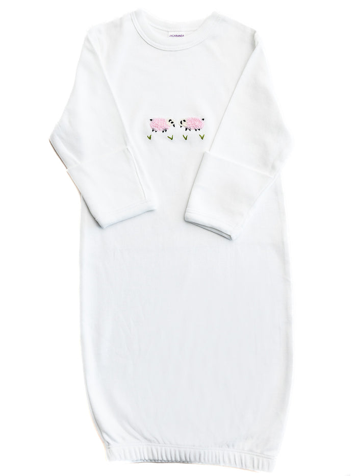 Baby Gown, Combed Cotton, Embroidered Pink Sheep