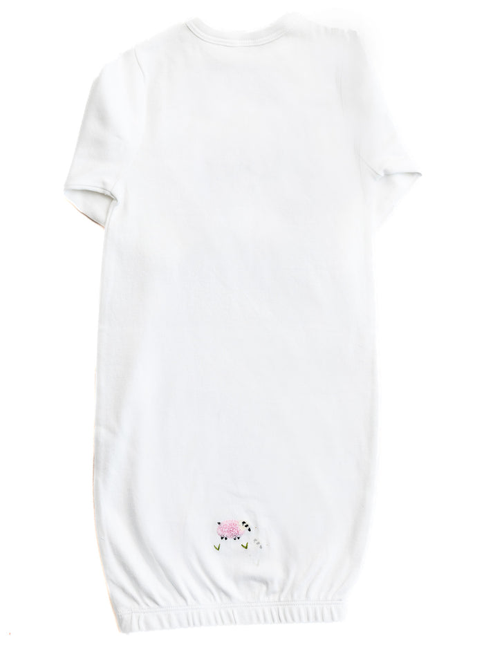 Baby Gown, Combed Cotton, Embroidered Pink Sheep