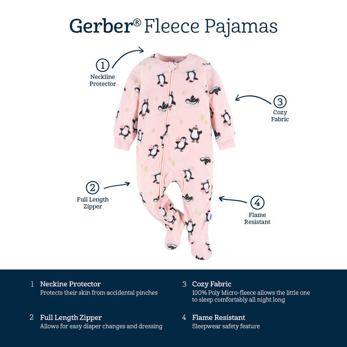 Baby & Toddler Girls Pink Penguins Footed Fleece Pajamas Sleepwear Gerber®