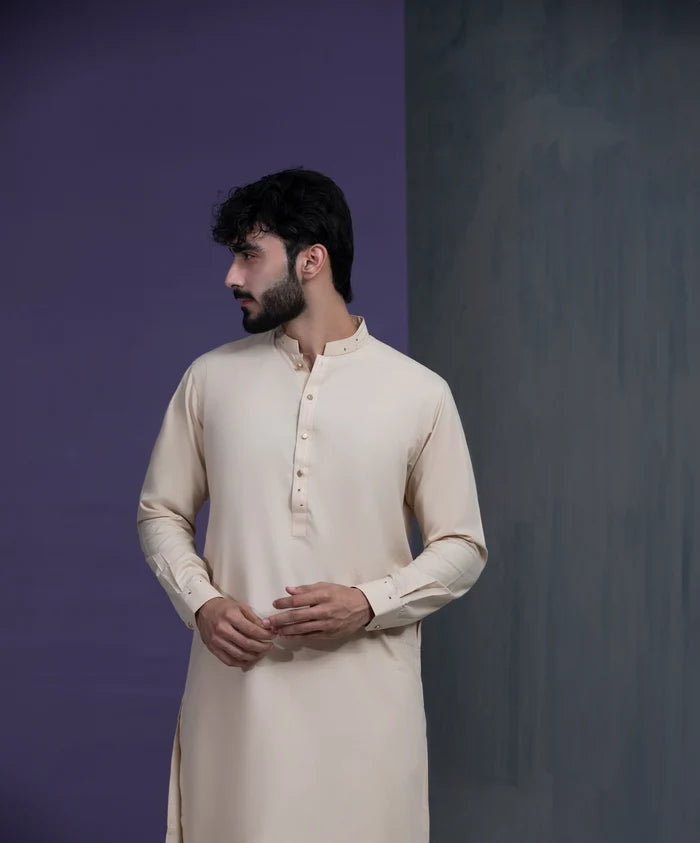 Beige IronEZ Kurta pyjama set with thread details