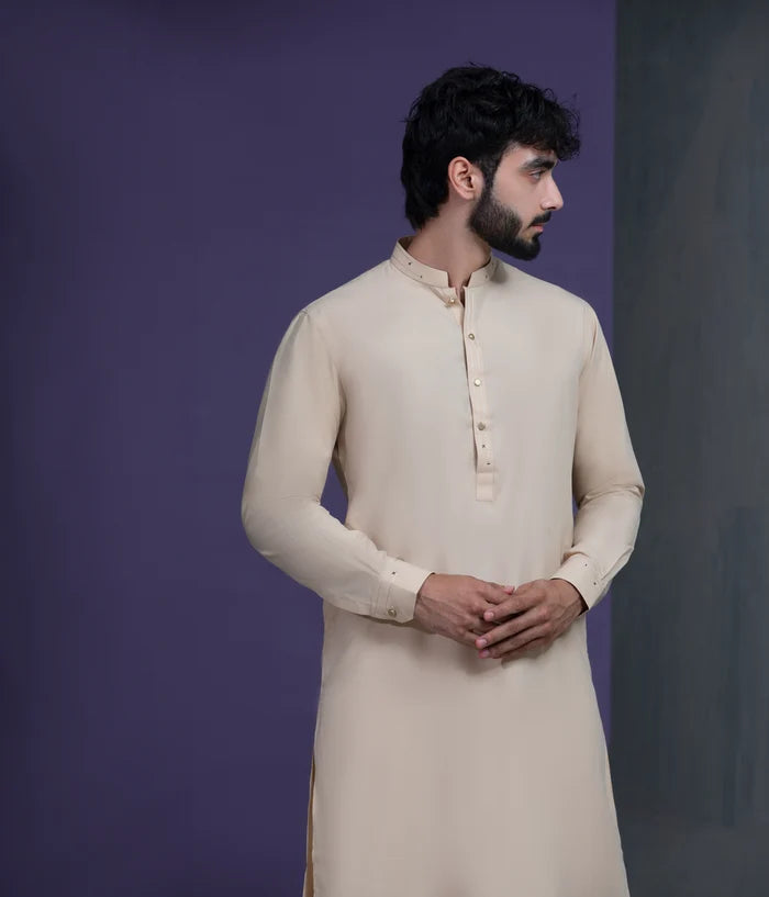 Beige IronEZ Kurta pyjama set with thread details