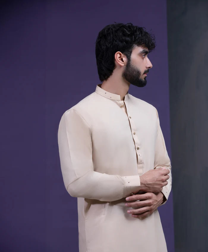 Beige IronEZ Kurta pyjama set with thread details