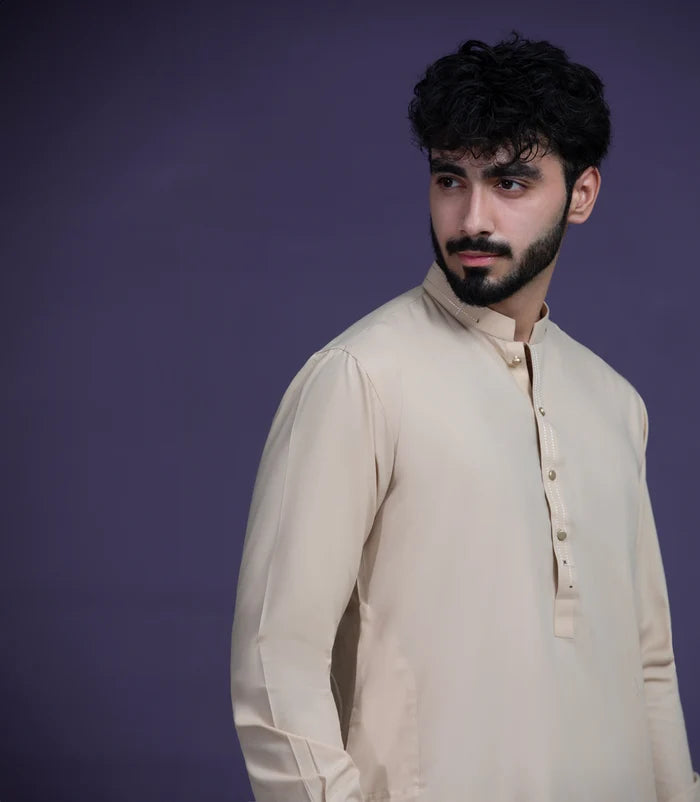 Beige IronEZ Kurta pyjama set with thread details