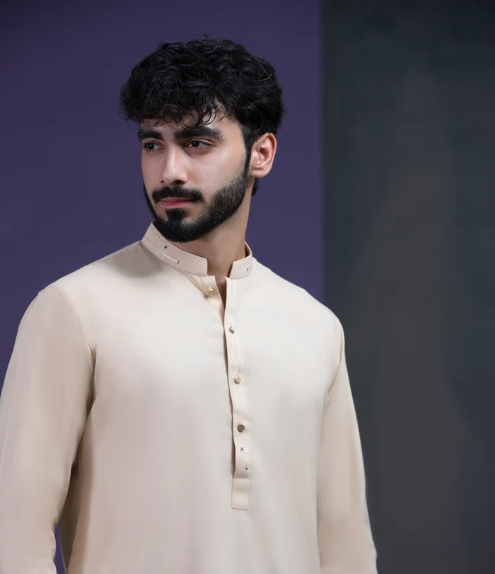Beige IronEZ Kurta pyjama set with thread details