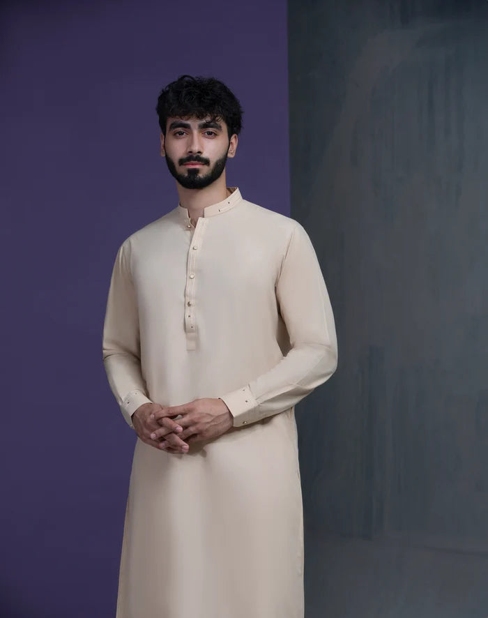 Beige IronEZ Kurta pyjama set with thread details