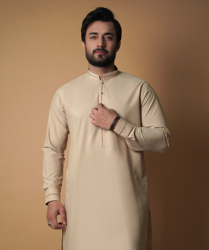 Beige & Light Gold Kurta Pyjama