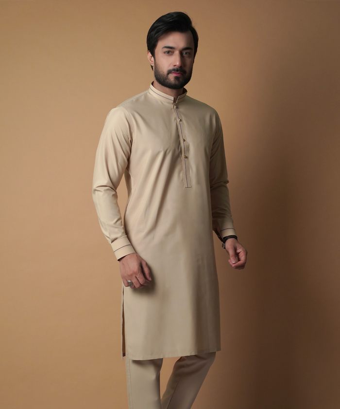 Beige & Light Gold Kurta Pyjama