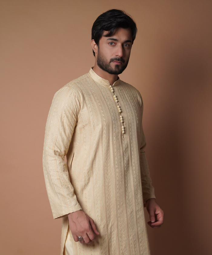 Beige symmetrical Embroidered Kurta & Pyjama Set