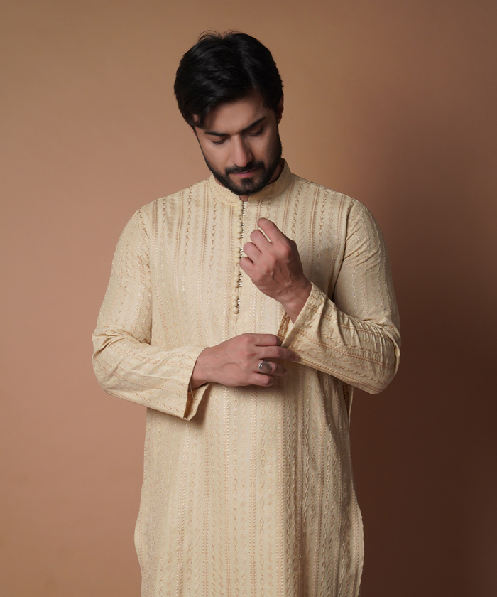 Beige symmetrical Embroidered Kurta & Pyjama Set