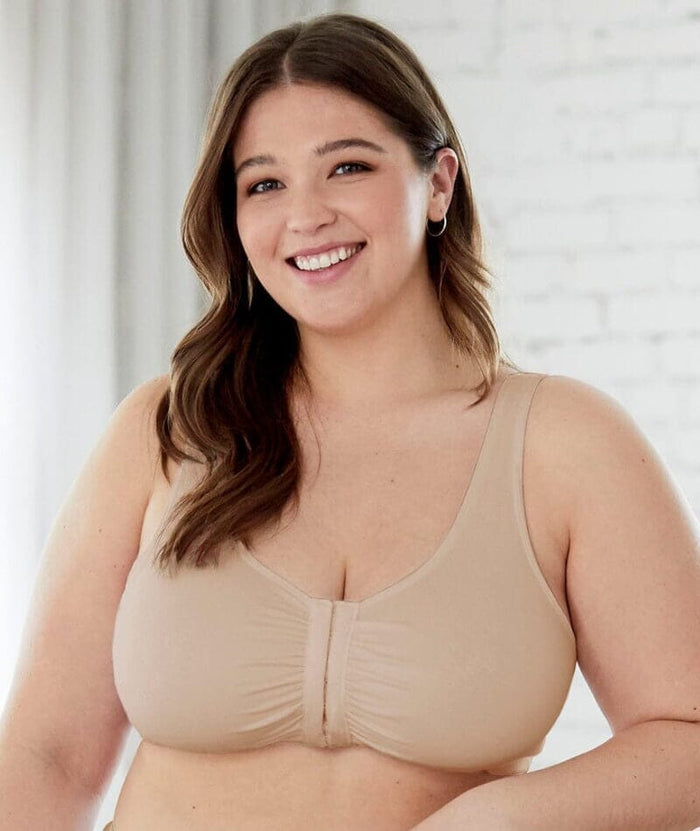 Bestform Unlined Wire-Free Cotton Stretch Sports Bra With Front Closure - Nude Bras