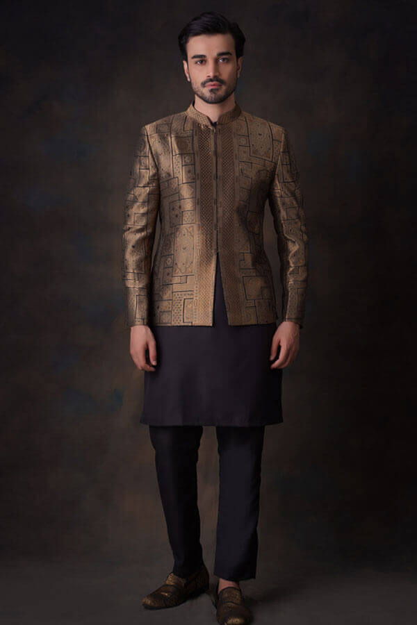 Black and Gold Persian Pure Silk Prince Coat