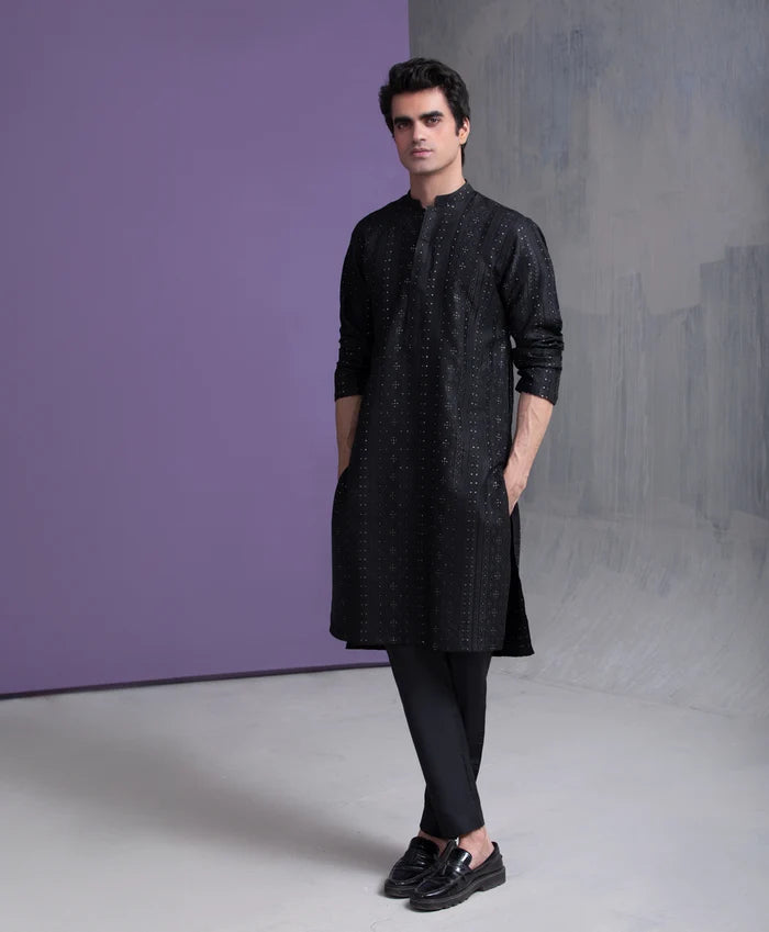 Black & Gold Zari all handwoven jacquard kurta & pyjama set