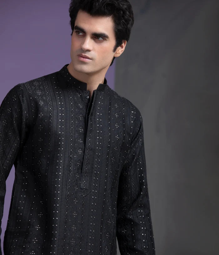 Black & Gold Zari all handwoven jacquard kurta & pyjama set