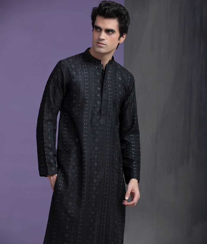 Black & Gold Zari all handwoven jacquard kurta & pyjama set