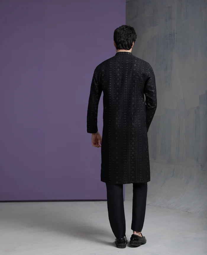 Black & Gold Zari all handwoven jacquard kurta & pyjama set