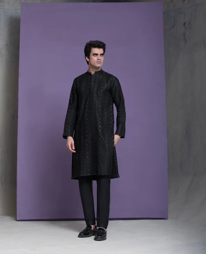 Black & Gold Zari all handwoven jacquard kurta & pyjama set
