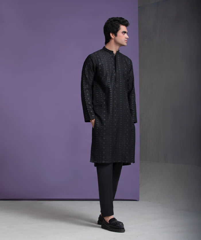 Black & Gold Zari all handwoven jacquard kurta & pyjama set