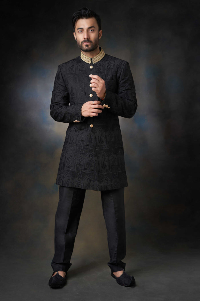 Black Thread Embroidered Silk Sherwani with Zardozi Adornments, Royal Wedding Attire.