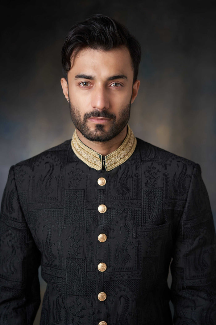 Black Thread Embroidered Silk Sherwani with Zardozi Adornments, Royal Wedding Attire.