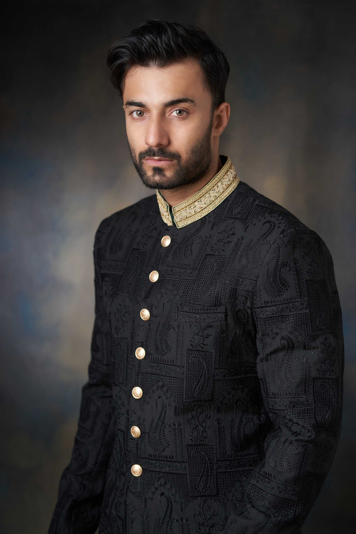 Black Thread Embroidered Silk Sherwani with Zardozi Adornments, Royal Wedding Attire.